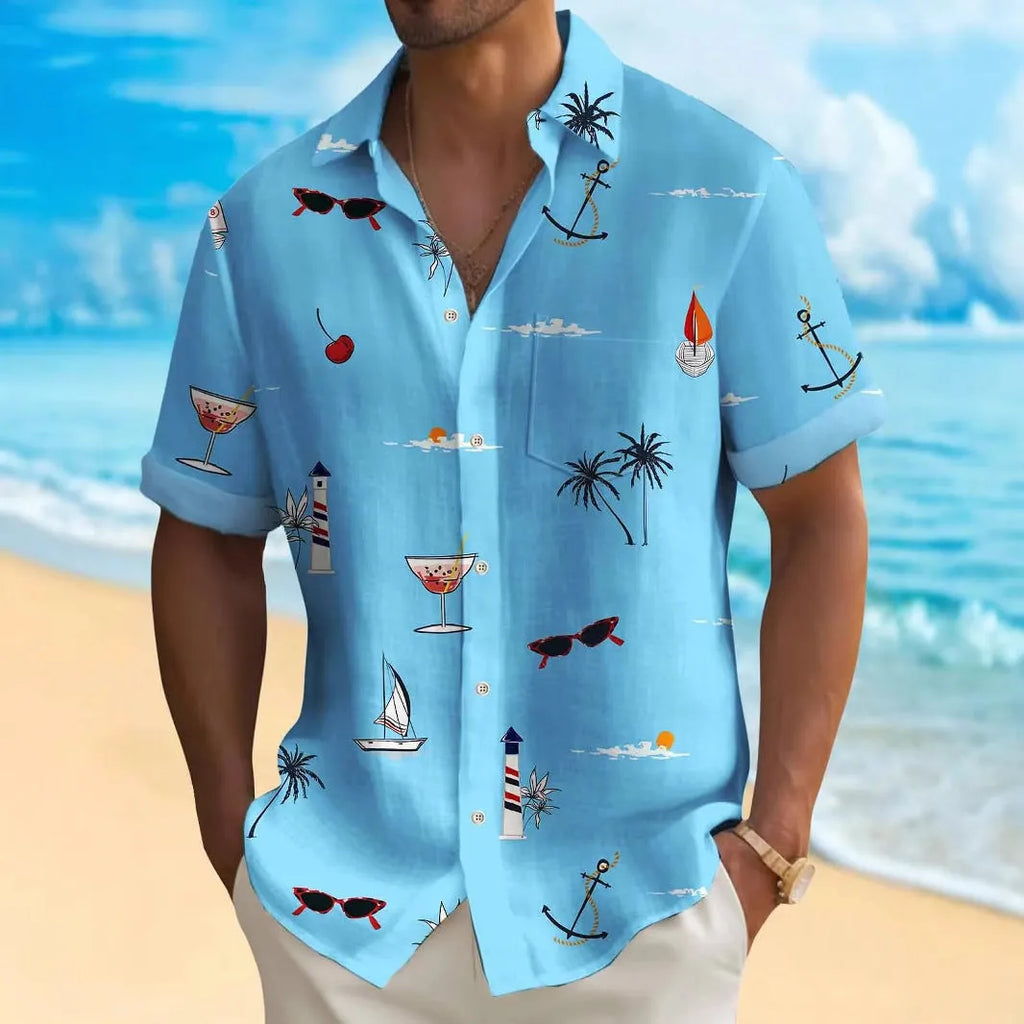 Man wearing a loose-fit short-sleeve Hawaiian shirt with a colourful digital print pattern.