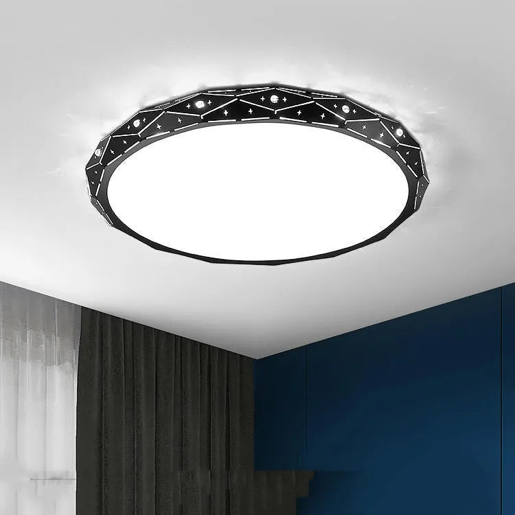 Round modern LED ceiling light with an iron frame in black or white, shown in a room setting.