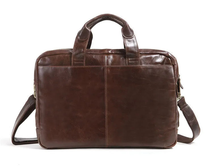 Brown men's business briefcase made from first layer cowhide leather measuring 18 inches