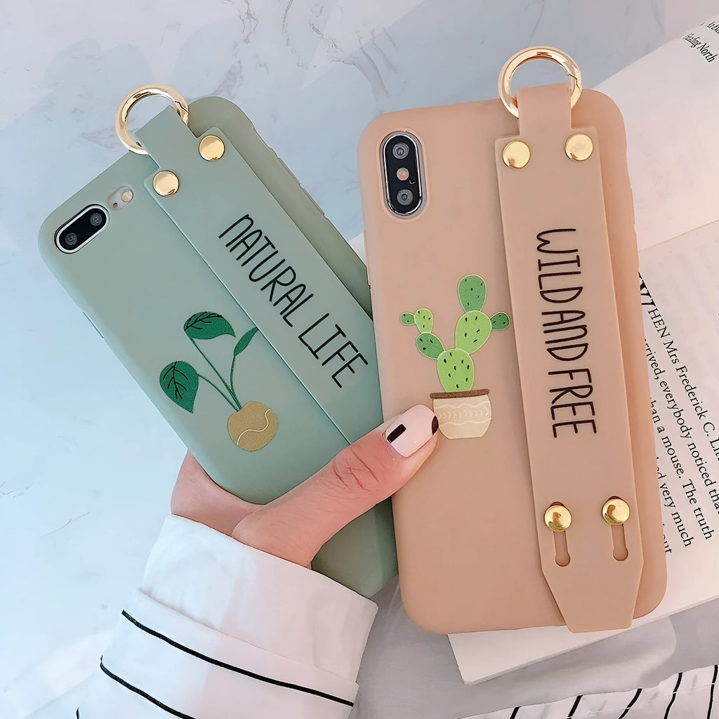 Green graffiti style iPhone case with integrated wristband holder showing back cover design