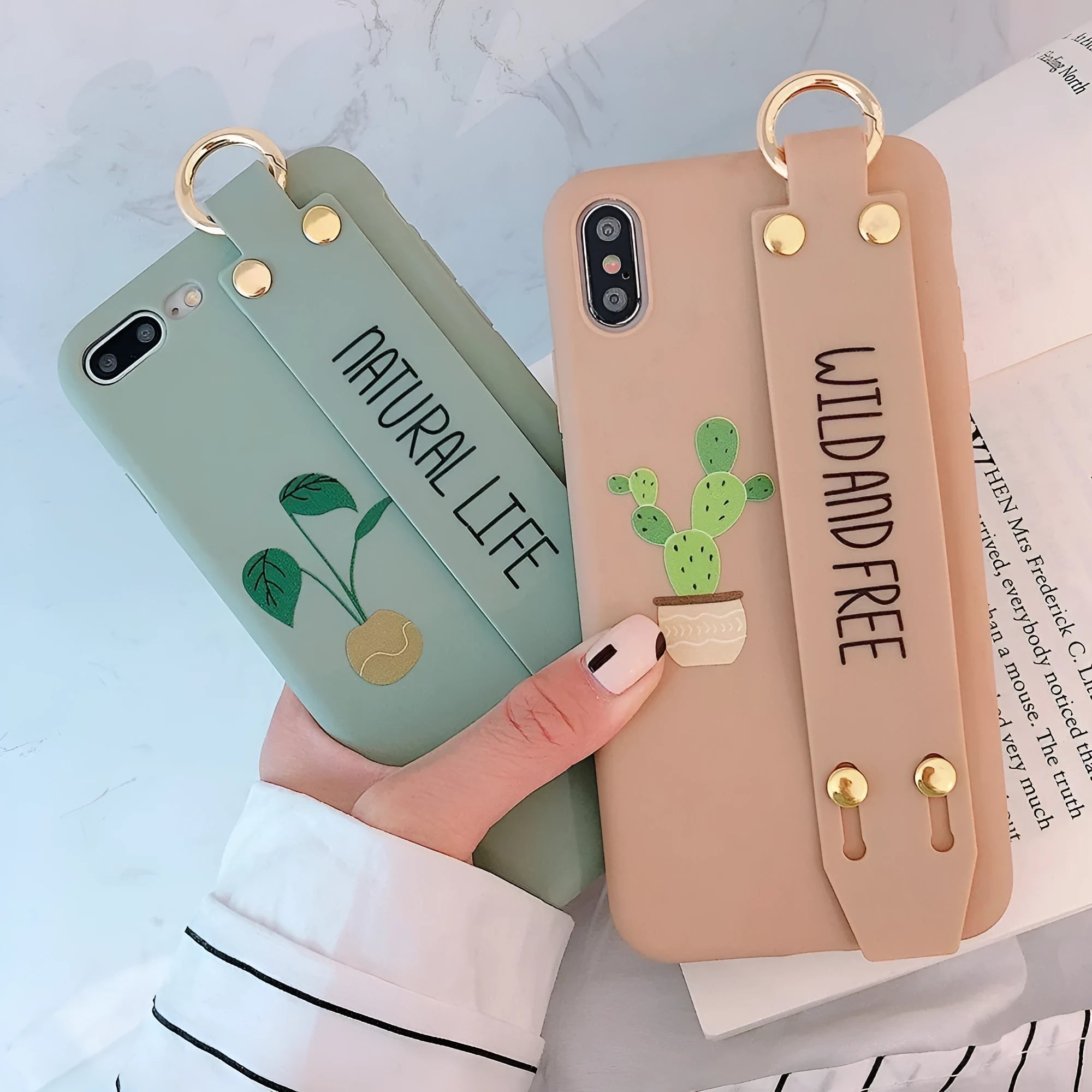 Green graffiti style iPhone case with integrated wristband holder showing back cover design