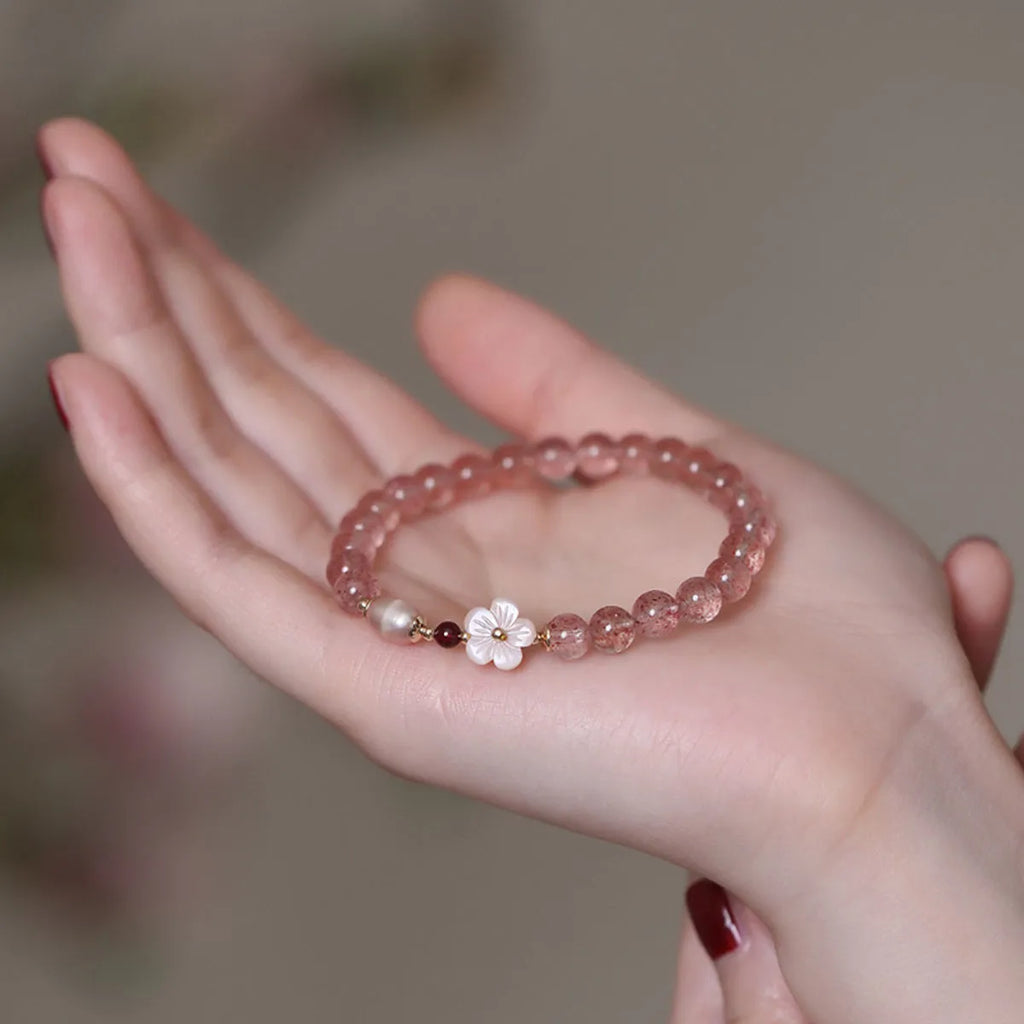 Crystal peach blossom bracelet with strawberry quartz coloured flower beads for women's casual jewellery