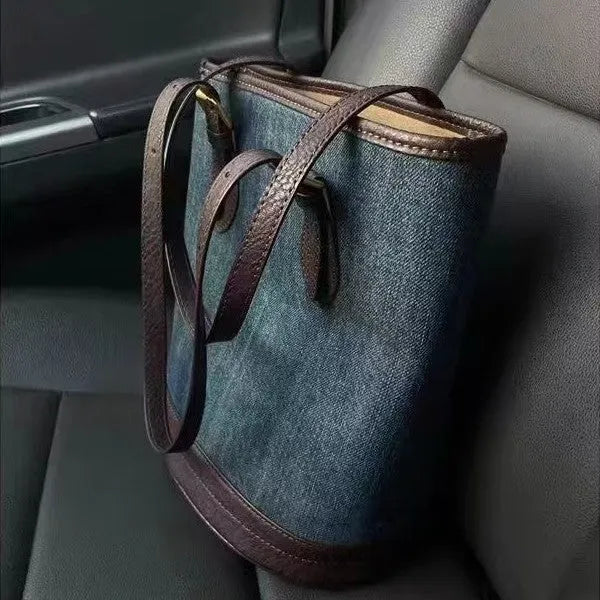 Denim patchwork pattern polyester bucket handbag with one shoulder strap