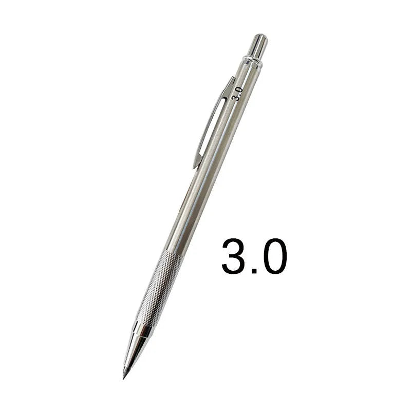 Metal automatic mechanical pencil shown with various lead size options including 0.5mm, 0.7mm, and 2.0mm.