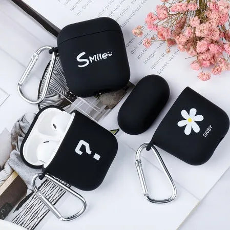 PC protective case cover for AirPods wireless earphones in black or pink with decorative styles