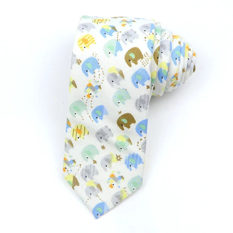 Men's narrow cotton bow tie with a printed cartoon pattern in a selection of colours.