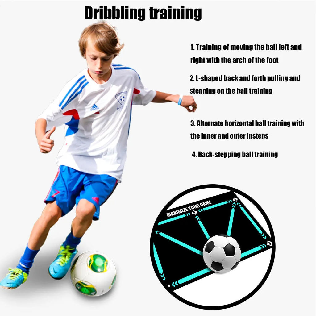 Black rectangular football training mat measuring 60cm by 90cm with non-slip surface