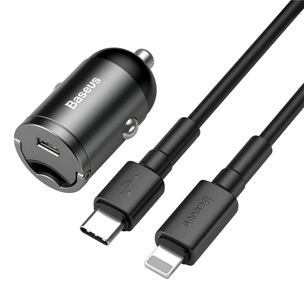 Baseus grey 30W PPS car charger with 1 metre USB cable for mobile phones