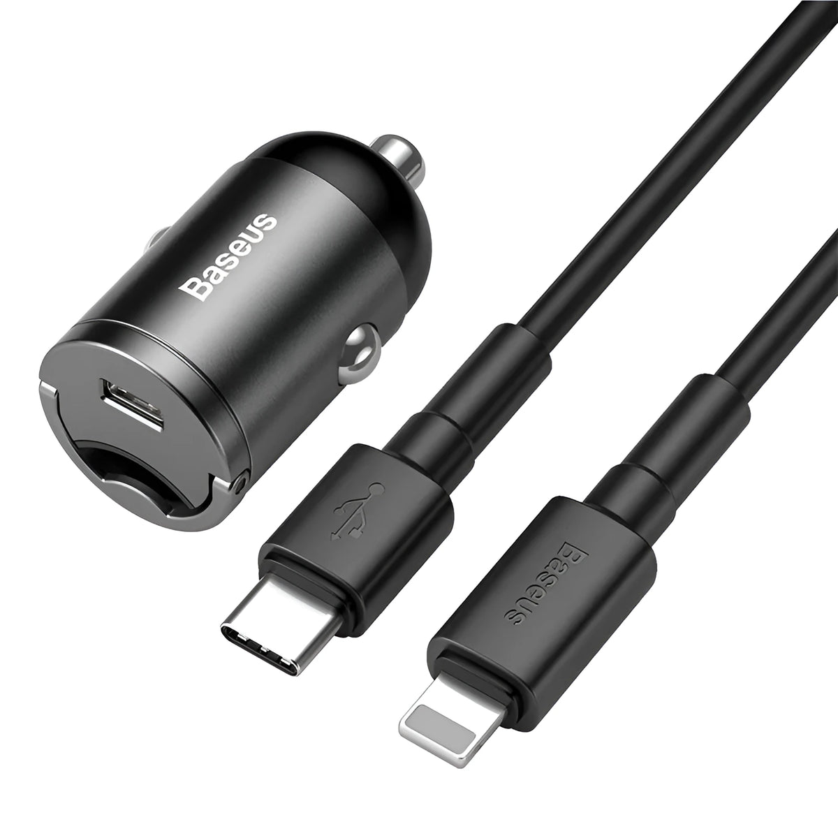 Baseus grey 30W PPS car charger with 1 metre USB cable for mobile phones