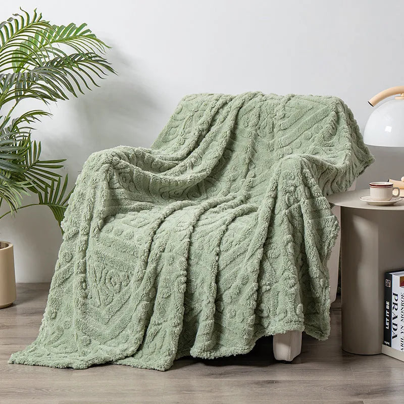 Shu cotton velvet jacquard blanket showing plant flowers pattern in fog blue colour