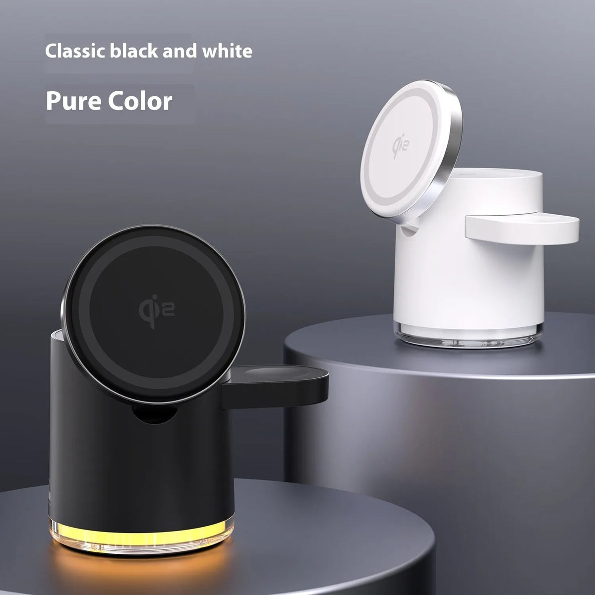 C16 three-in-one magnetic folding wireless charger in Black and Ivory White, charging a phone, watch, and earphones.