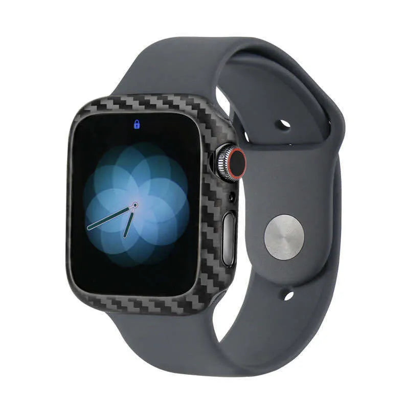 Apple Watch Series 4 44mm in a slim carbon fibre and leather half-wrap case in black.