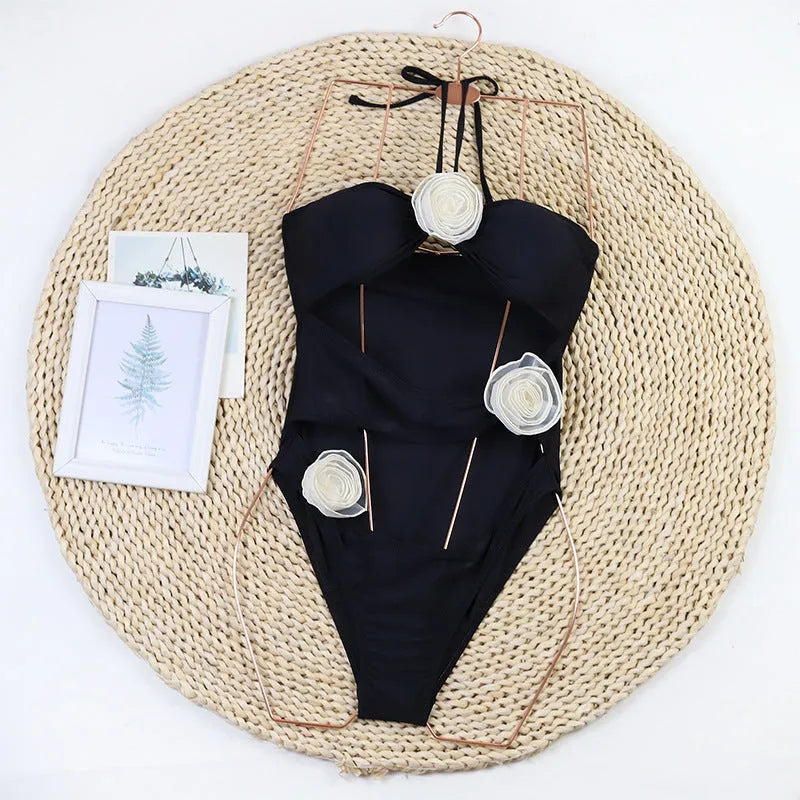 Women's black and blue stripe 3D flower one-piece swimsuit for swimming and sports
