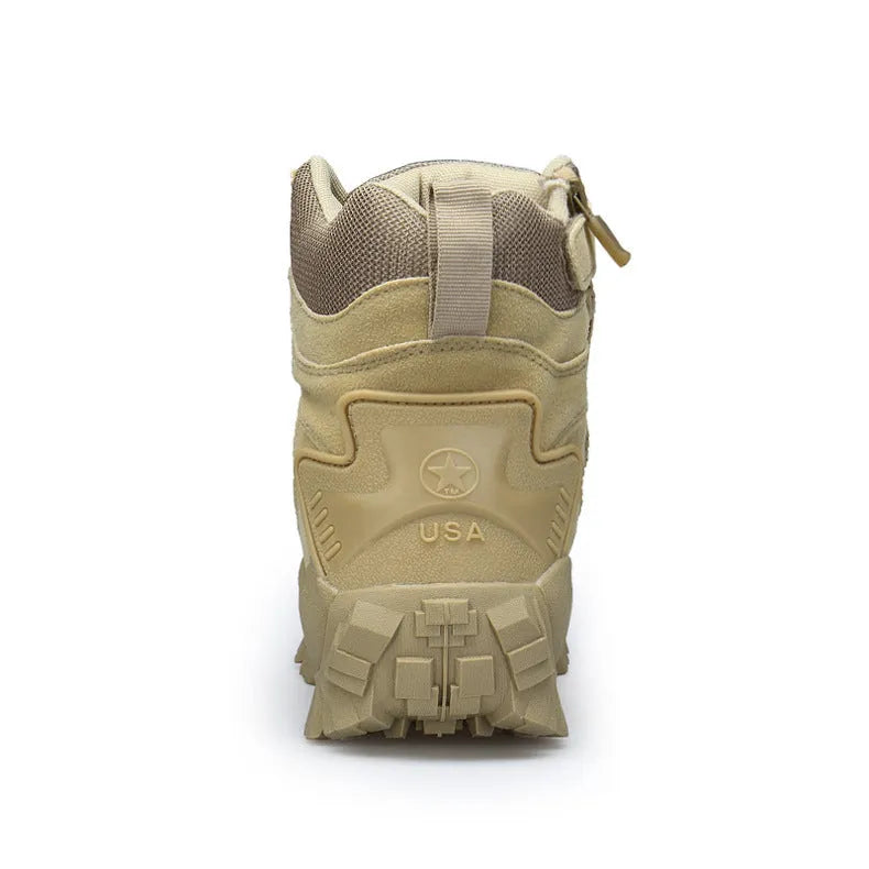 Men's black tactical boots with leather and velvet upper and rubber sole for outdoor use.
