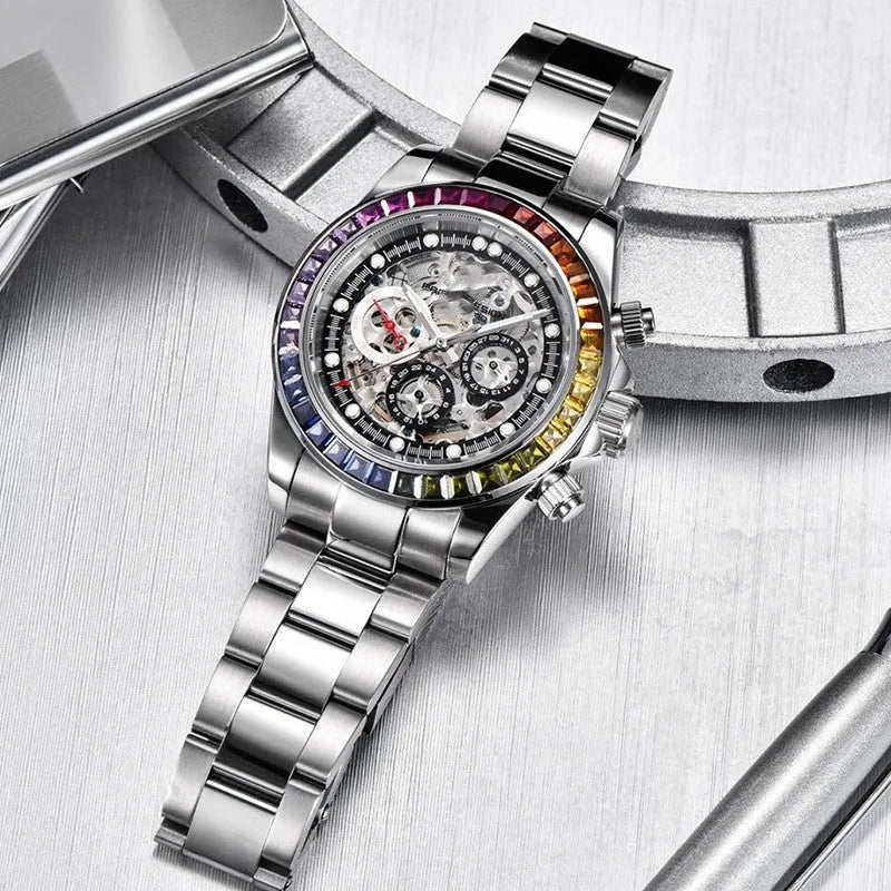 Transparent men's mechanical watch with 40mm dial, sapphire crystal glass, stainless steel clasp, and steel belt or tape strap.