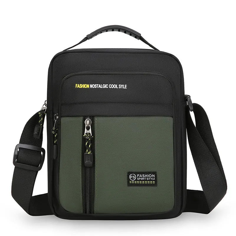 Men's casual nylon crossbody messenger bag shown in available colours: green, grey, black, and blue.