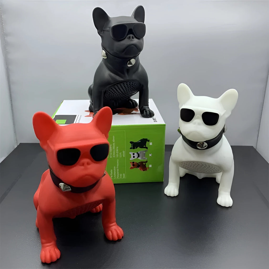 Mini portable Bluetooth speaker shaped like a bulldog in black, red, or white.