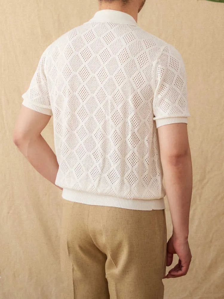 Cotton short sleeve cardigan with zipper front and lapel collar in light brown colour