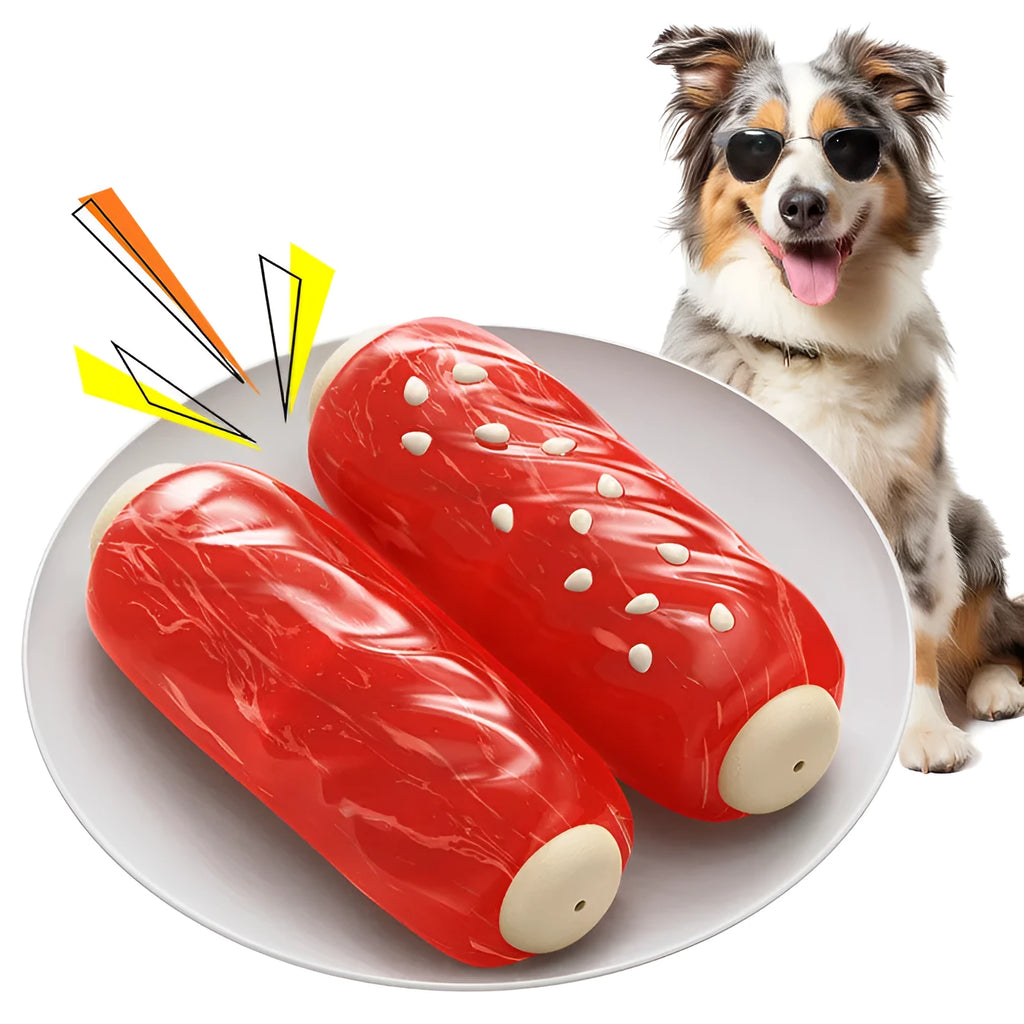 Primary colour plastic dog chew toy shaped like molar rod with bristle-textured surface