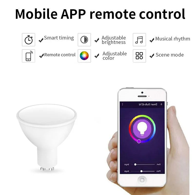 Smart RGBCCT colour-changing GU10 LED spotlight bulb with standard two-pin base.
