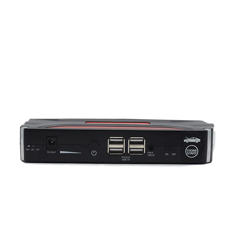 Black red 12V vehicle emergency starting power supply with 7800mAh battery and safety protection features