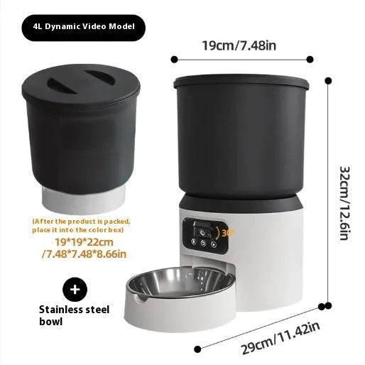 White 4-litre smart pet feeder with LED display, Wi-Fi antenna, and a stainless steel bowl on the floor.
