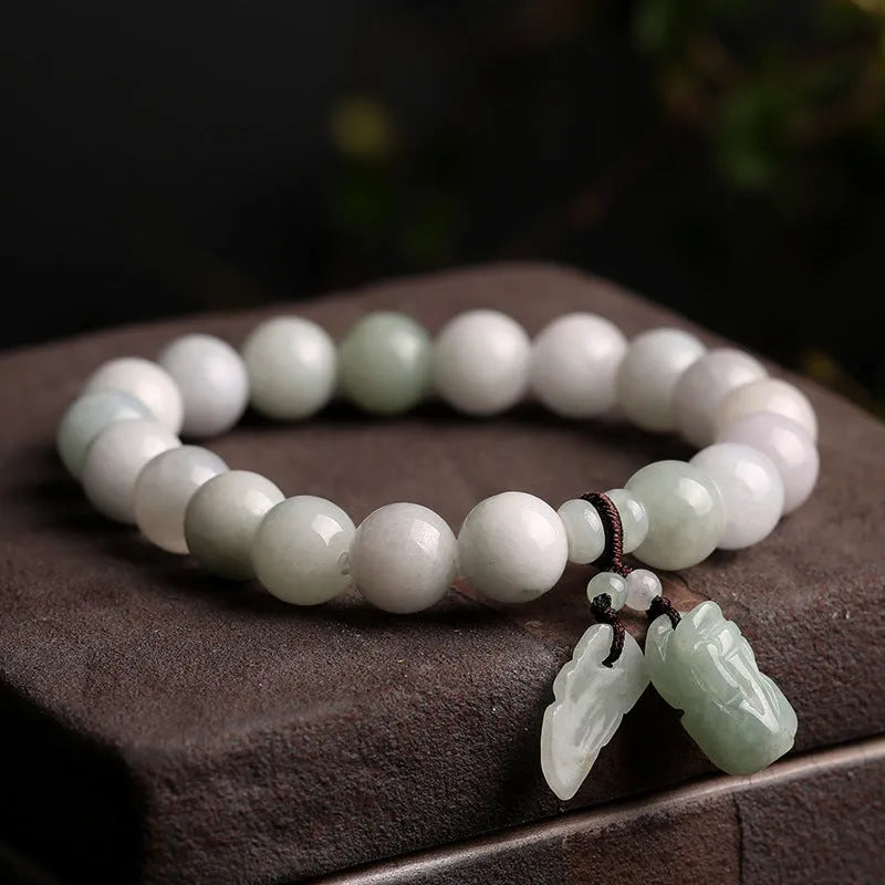 Natural jade hanging bracelet with Maitreya Buddha charm and geometric designs