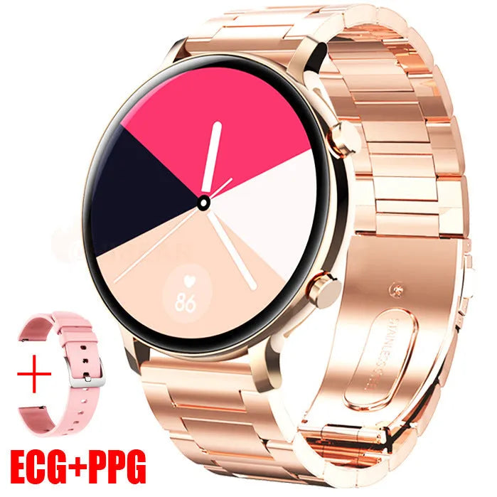 Bluetooth smartwatch with stainless steel strap showing 41-43mm screen with heart rate display