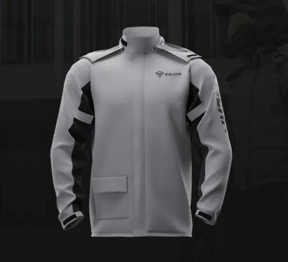 Adult motorcycle raincoat and rain pants suit set with shoe covers and storage bag.