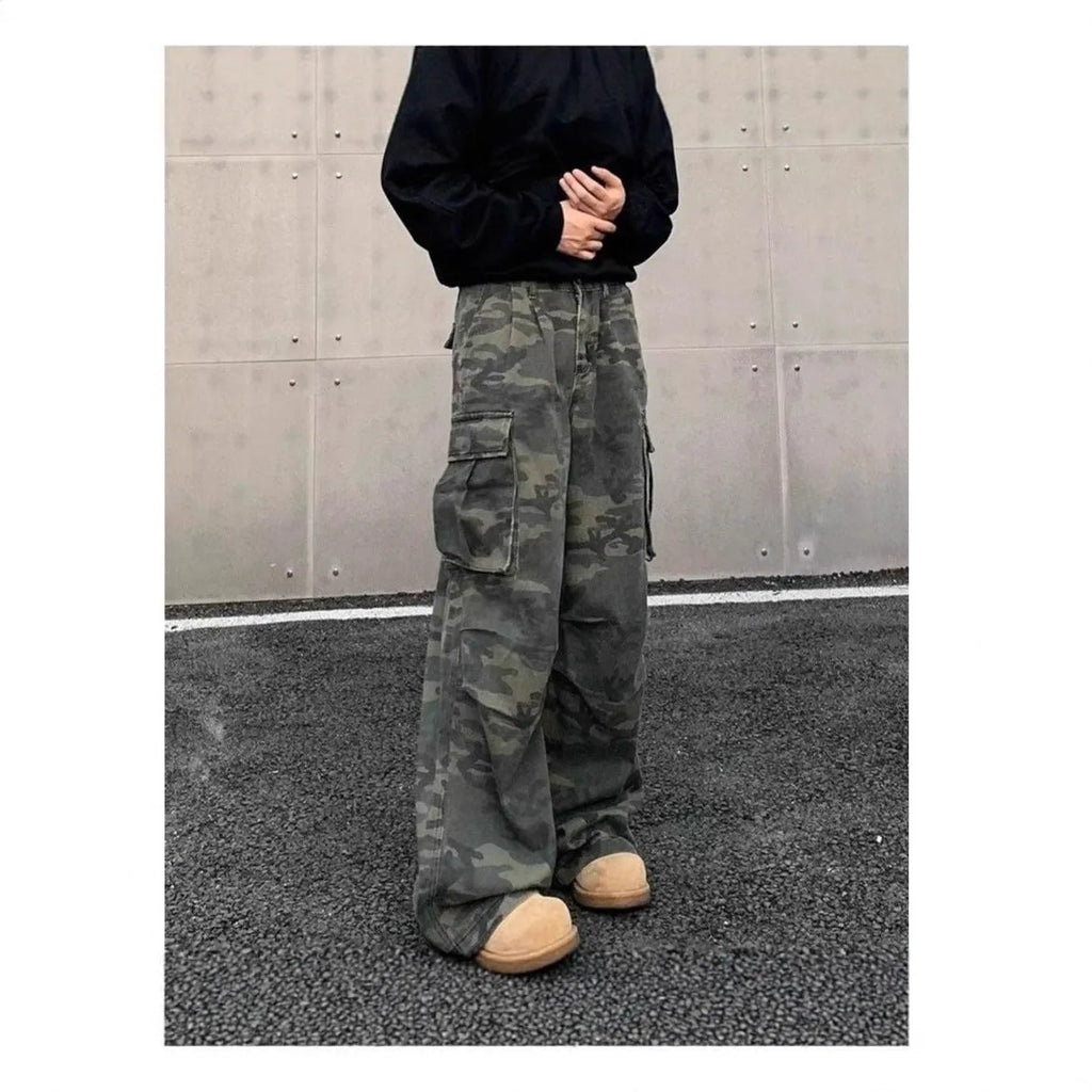Korean style camouflage cargo pants with multiple pockets and a washed vintage finish.