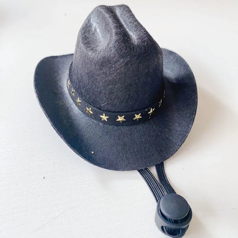 British-style brown cowboy hat for a cat on a mannequin head.