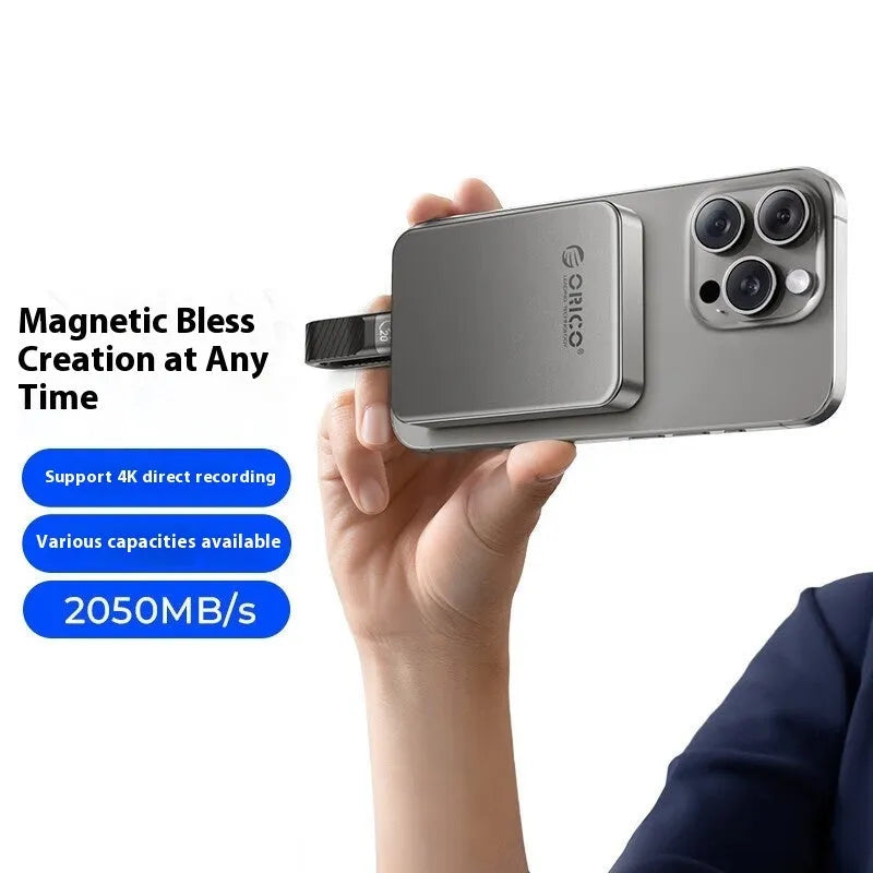 Grey magnetic mobile solid-state drive measuring 80×60×11.2mm with C to C cable and magnetic suction ring