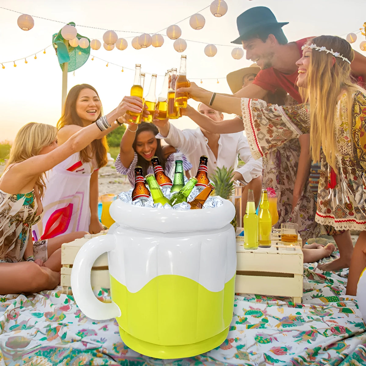 Yellow inflatable PVC ice bucket for portable drink chilling at parties.
