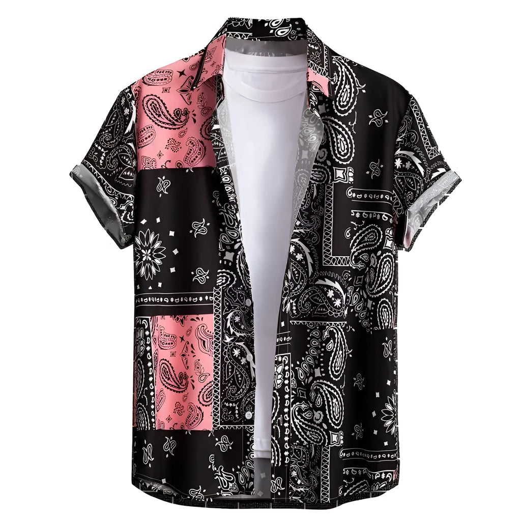 Man wearing a slim fit, short sleeve Hawaiian print shirt in a cardigan style.