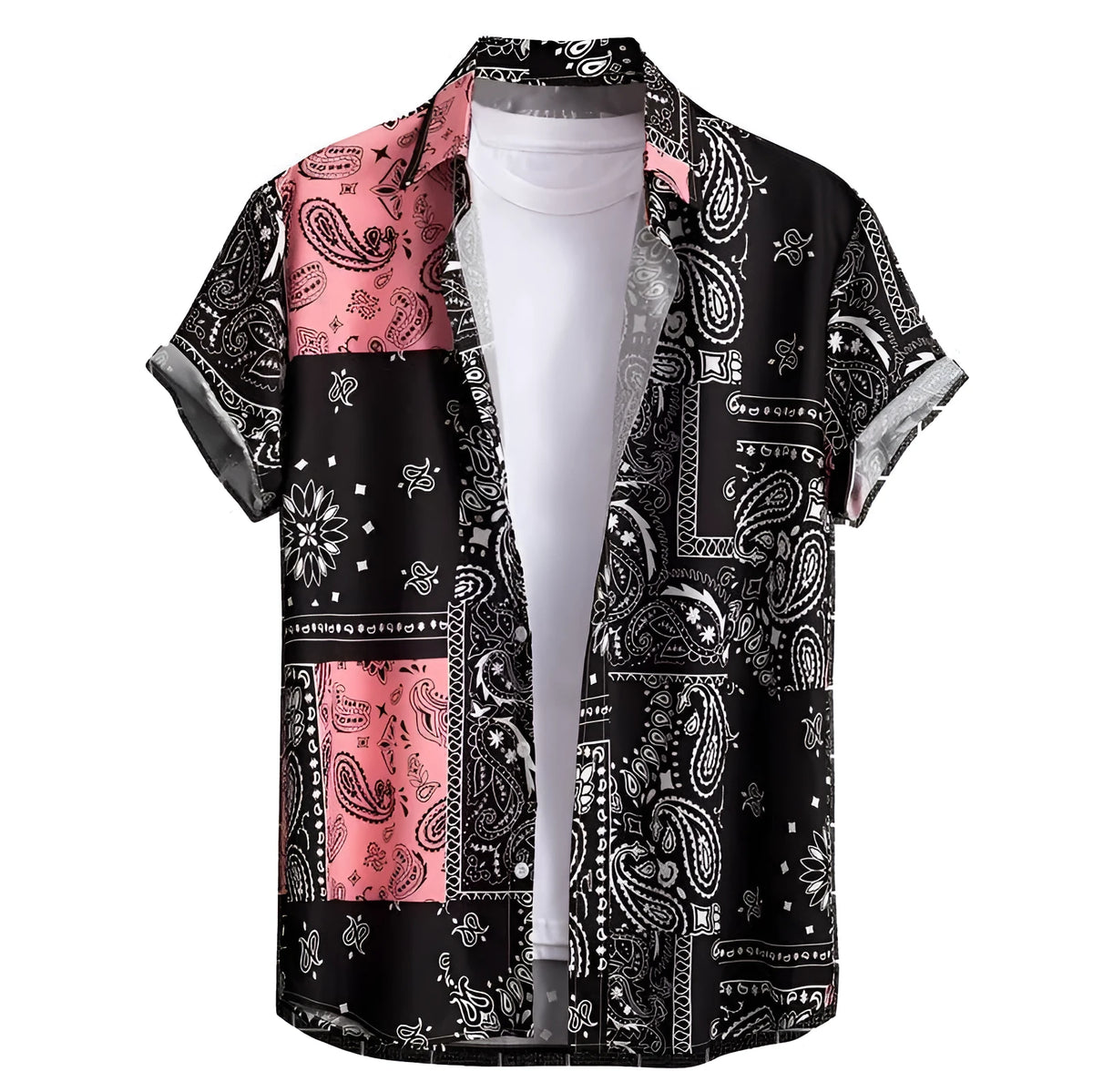 Man wearing a slim fit, short sleeve Hawaiian print shirt in a cardigan style.