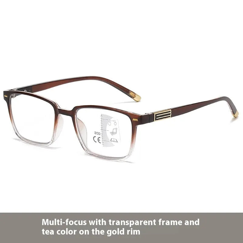 Multifocal reading glasses with color changing PC lens and black frame available in multiple degrees