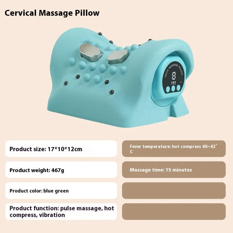 Blue-green portable neck and shoulder massage pillow showing compact size and controls for EMS, heat, and vibration functions.