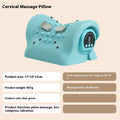 Blue-green portable neck and shoulder massage pillow showing compact size and controls for EMS, heat, and vibration functions.