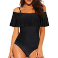 Black one-piece swimsuit with cut-out tube top and ruffled straps on a mannequin