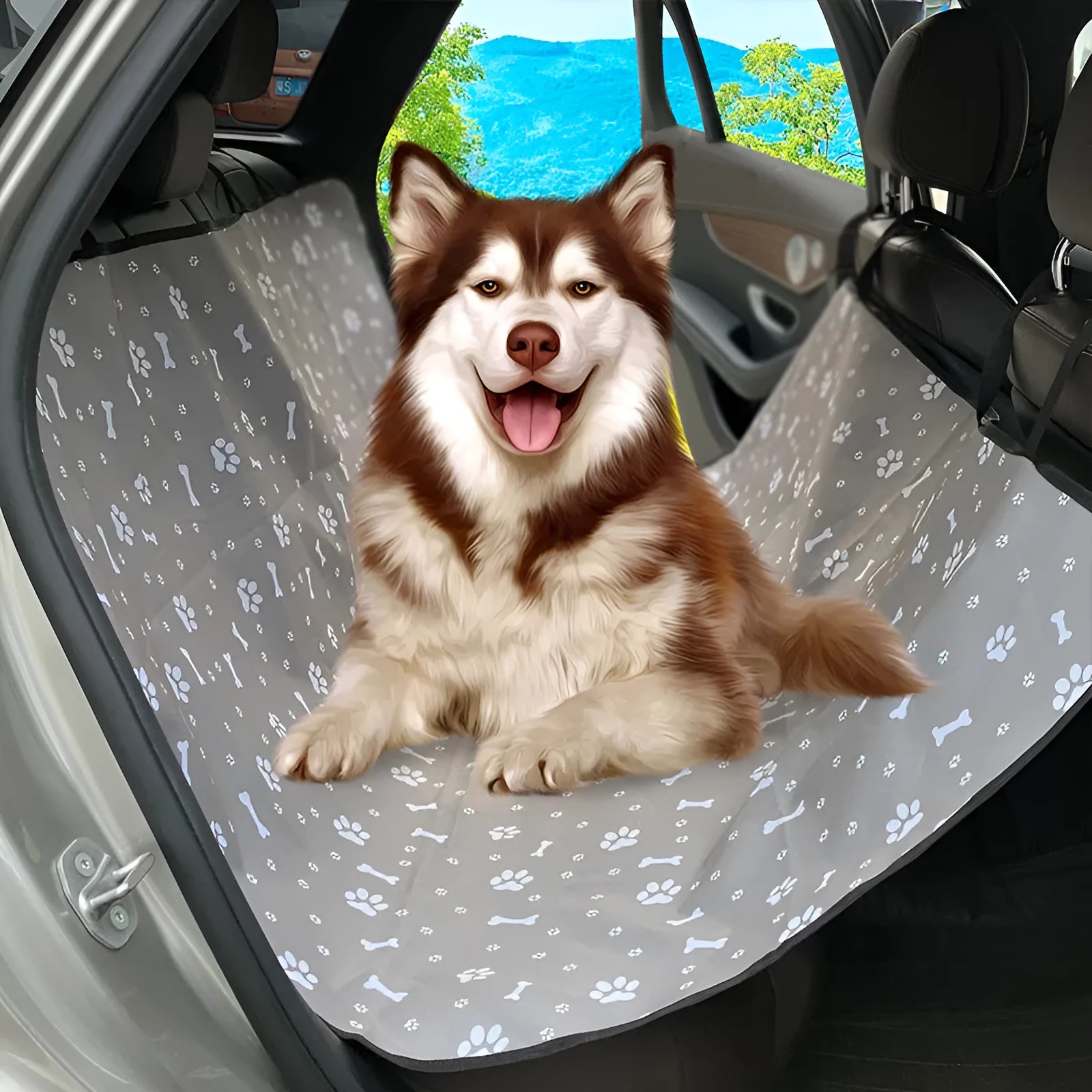 Grey cloth car pet mat with dog footprint print covering a car rear seat.