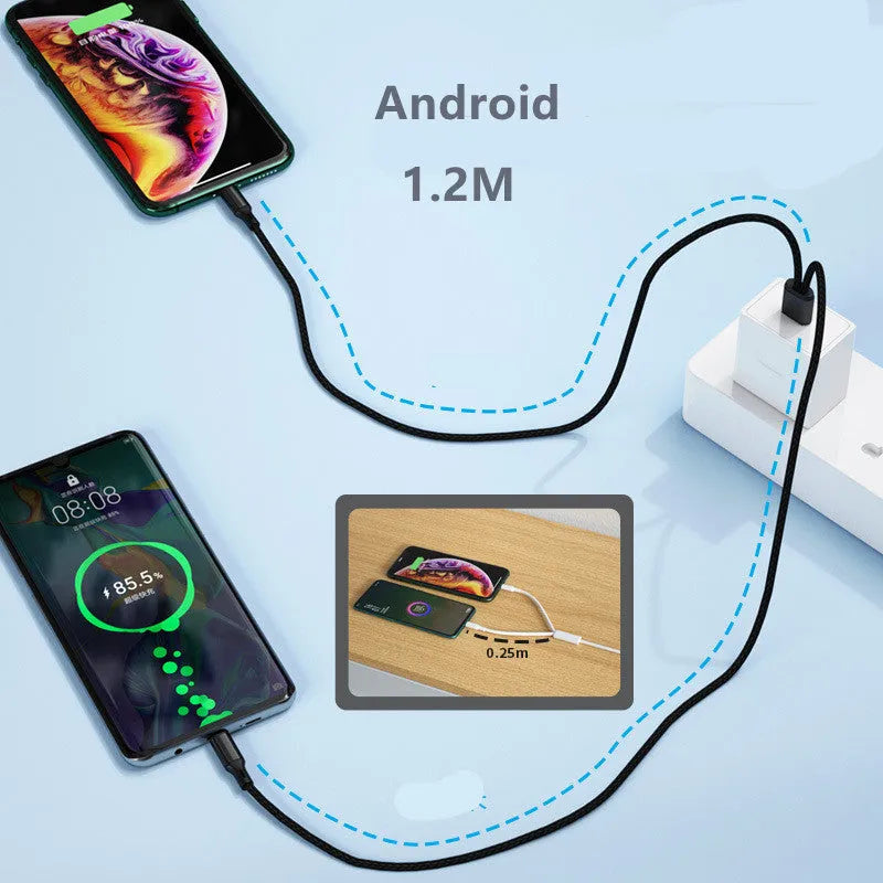 Black nylon braided dual USB charging cable with two Micro USB connectors for Android phones