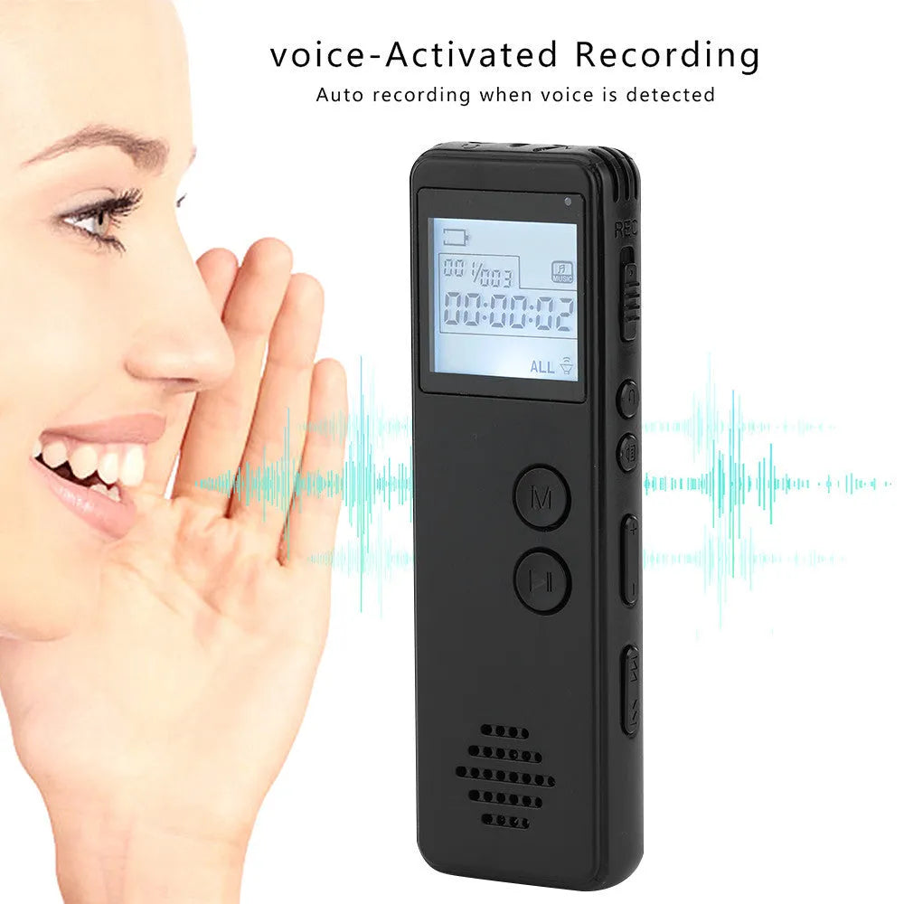 Black matte finish MP3 digital voice recorder with screen, shown next to included earphones and USB cable.