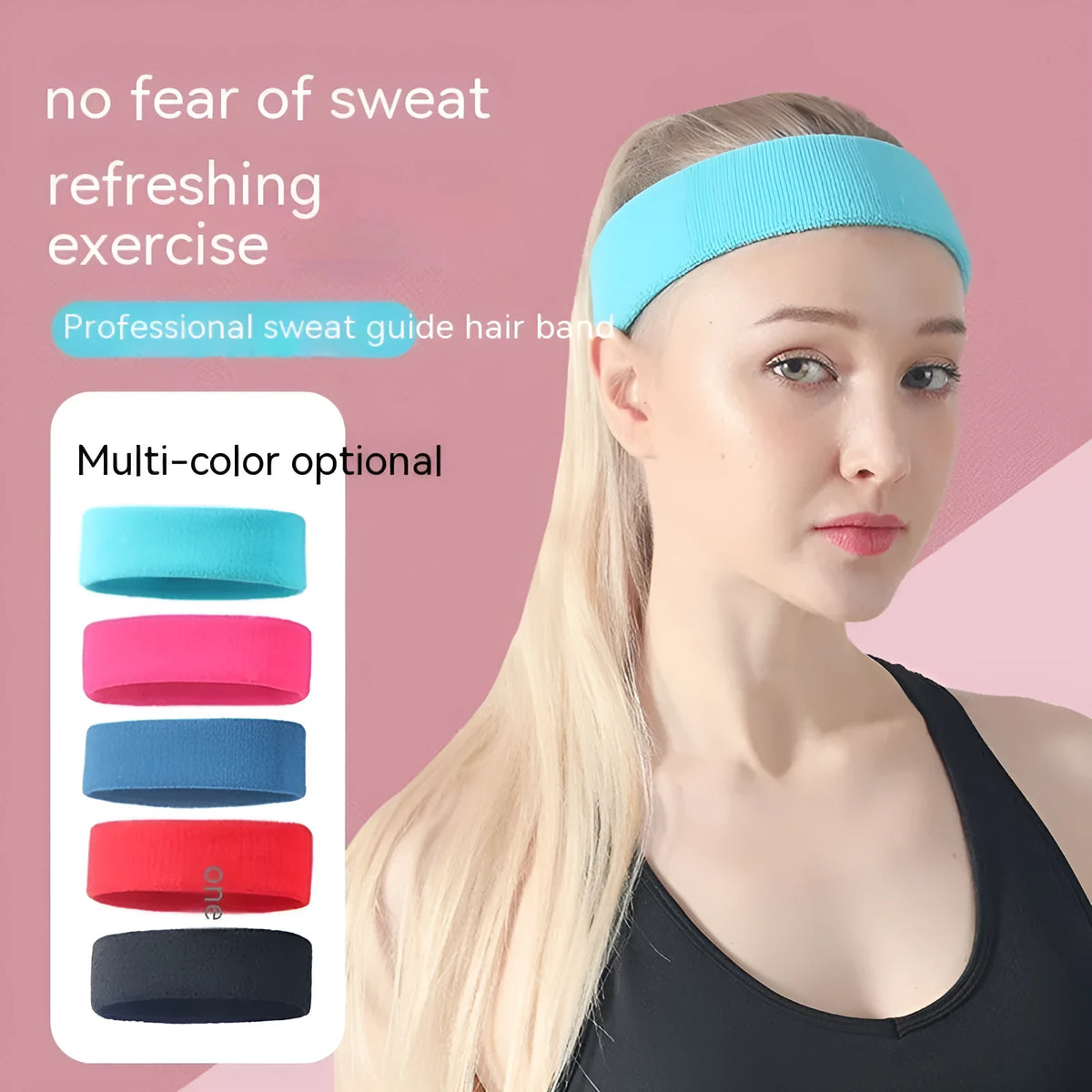 Elastic solid colour sports sweatband in black, shown flat.