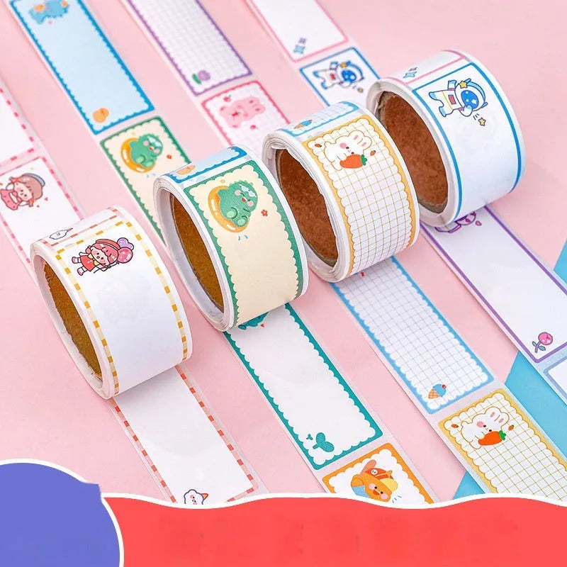 Roll of cartoon tape stickers with dinosaur, astronaut, rabbit, and girl designs for student labelling