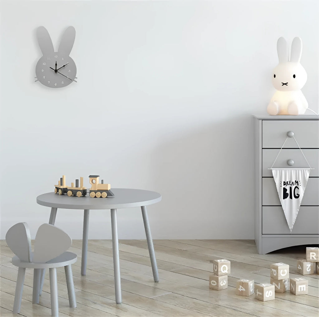 Wooden cartoon wall clock with colourful themed design and battery-powered movement