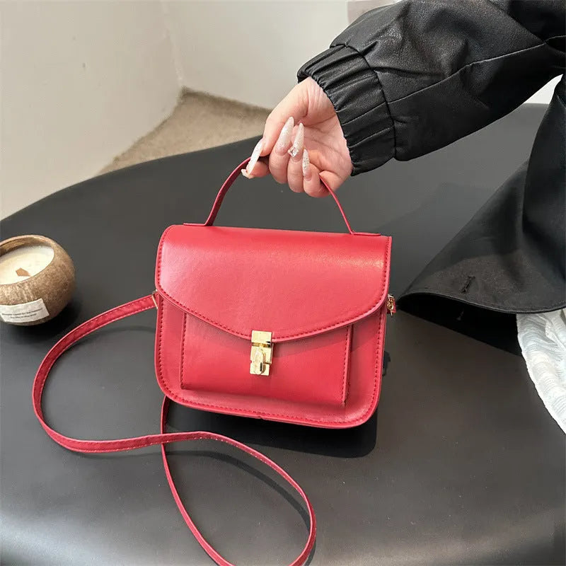 Retro style horizontal square messenger bag in PU material with sandwich pocket exterior