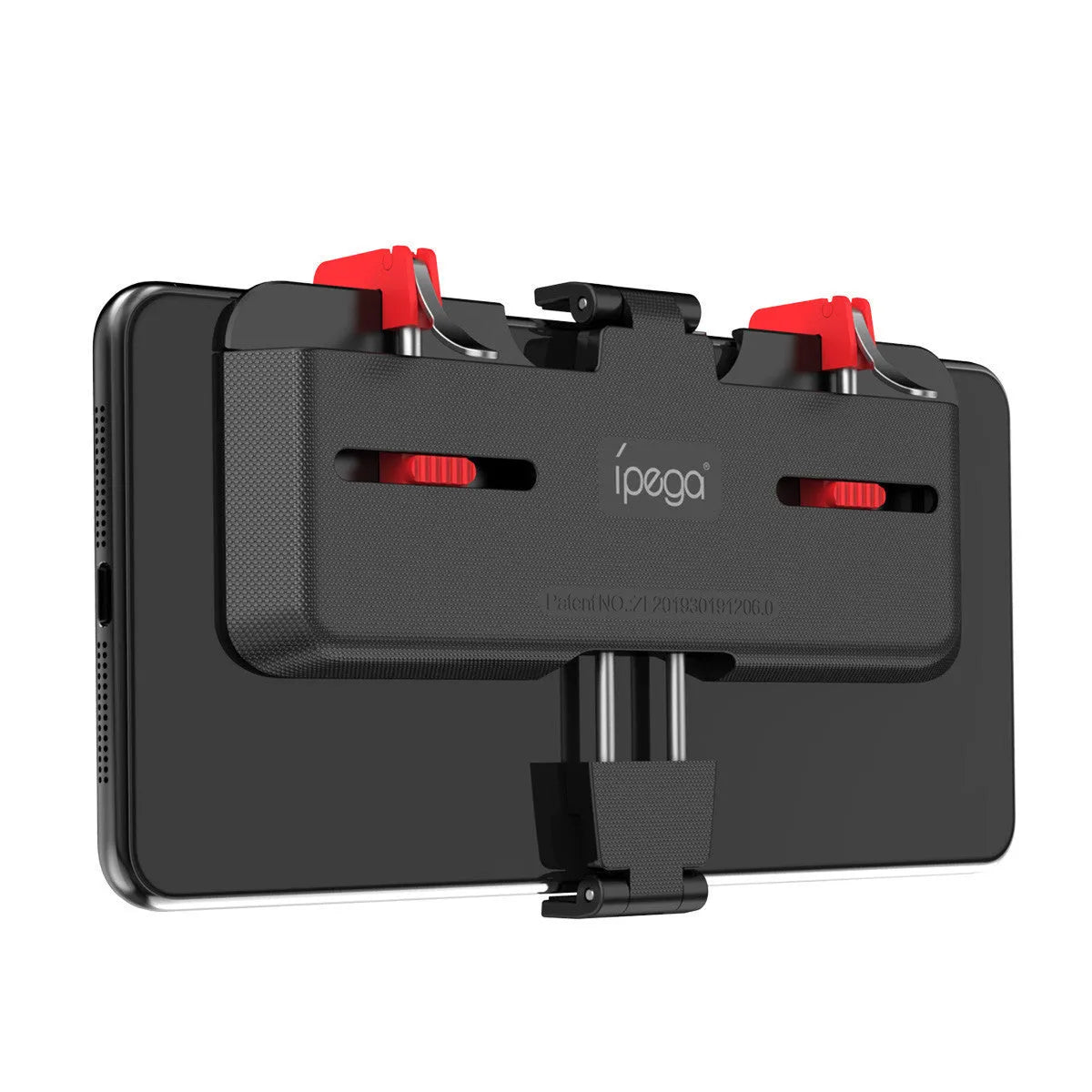 Black PG-9137 mobile phone gaming bracket showing the hidden trigger on the back and telescopic fixing clip.
