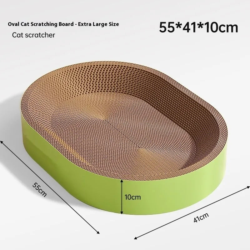 Oval-shaped green corrugated paper cat scratch board and nest measuring 55cm in diameter