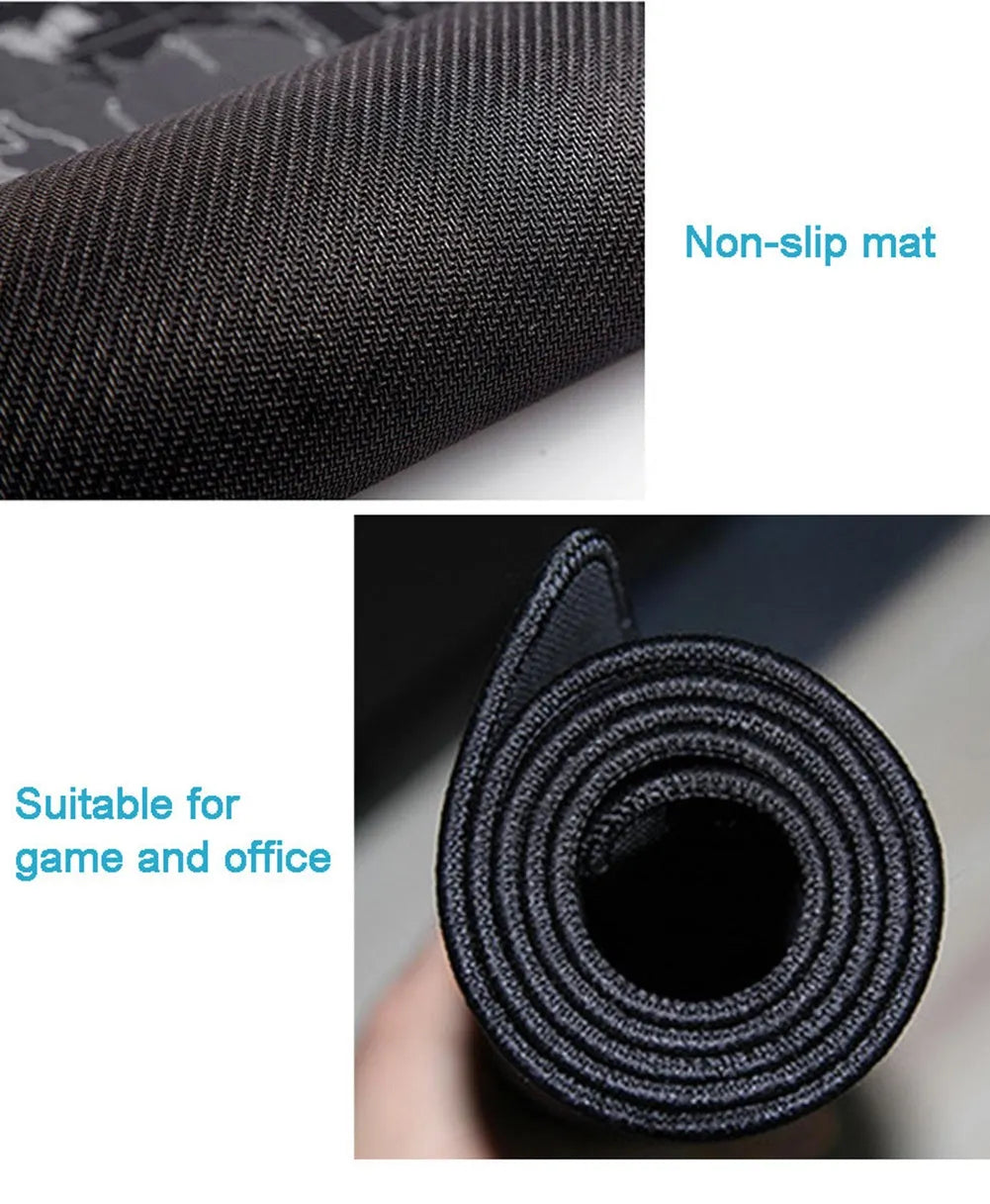 Custom cute cartoon design mouse pad on a desk, showing large size fitting keyboard and mouse.