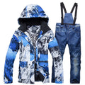 Waterproof ski suit for men and women in blue or red, cotton filler and nylon lining, sizes S to 3XL.